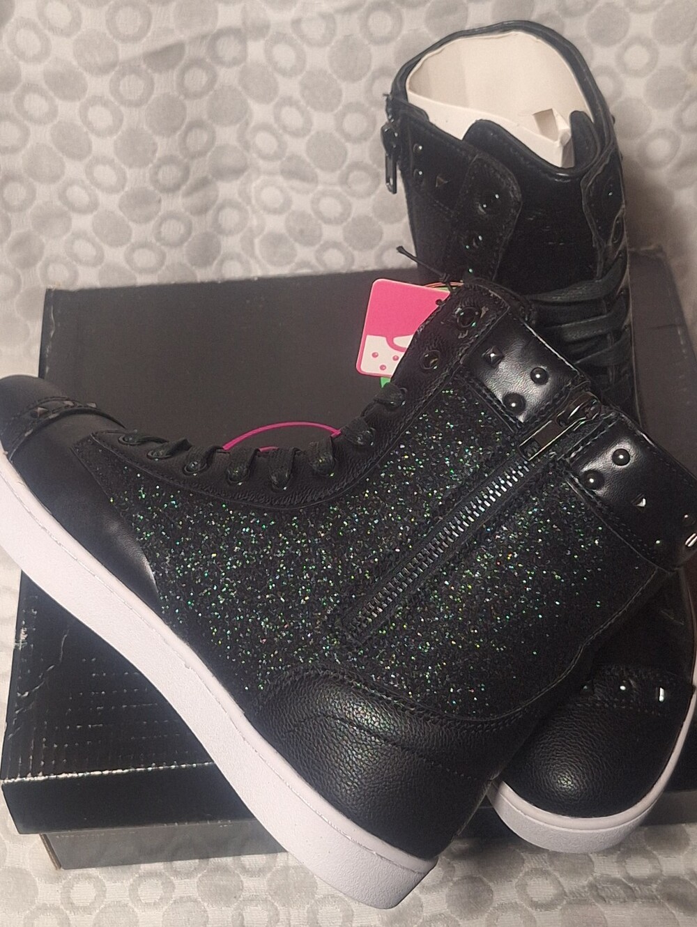 Pastry Black Glitter Lace-Up High-Top Boots with White Sole